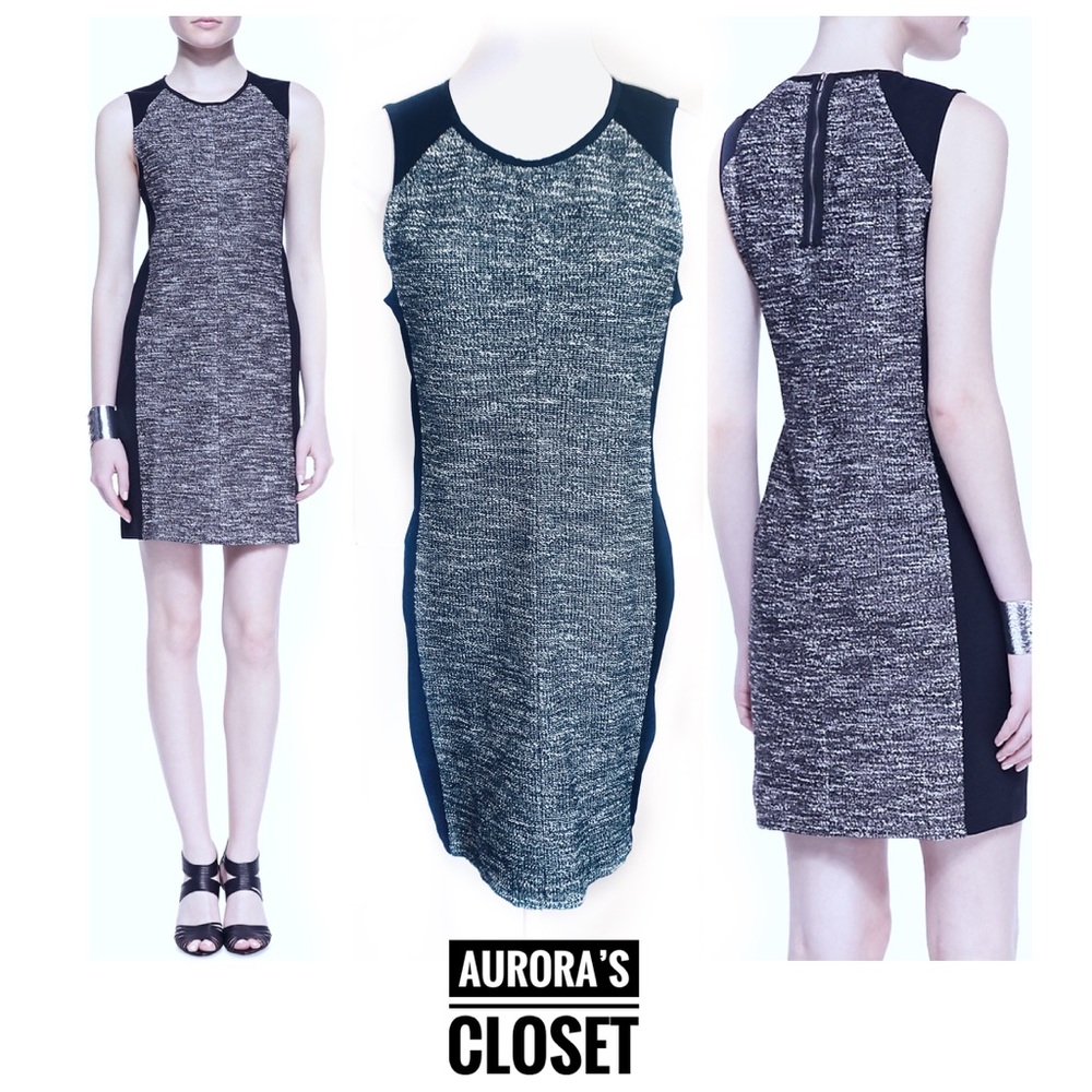 Eileen Fisher S Gray Tweed Sheath Dress Knit Sleeveless Color Block Sides